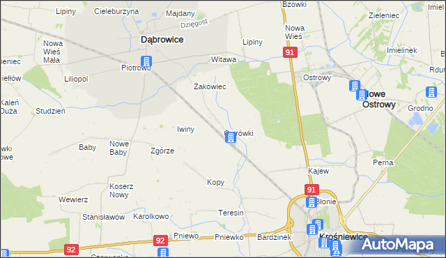 mapa Ostrówki gmina Dąbrowice, Ostrówki gmina Dąbrowice na mapie Targeo