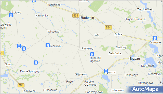 mapa Piórkowo gmina Radomin, Piórkowo gmina Radomin na mapie Targeo