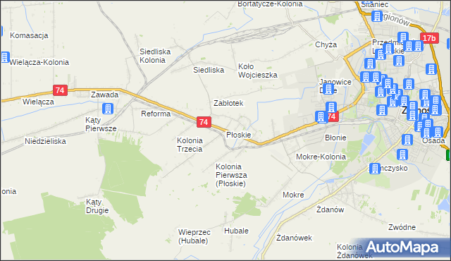 mapa Płoskie gmina Zamość, Płoskie gmina Zamość na mapie Targeo