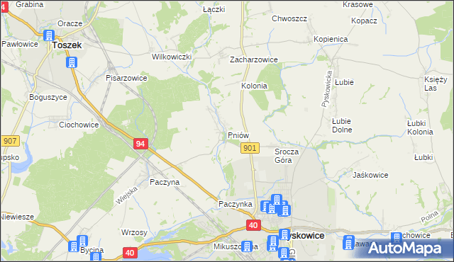 mapa Pniów gmina Toszek, Pniów gmina Toszek na mapie Targeo