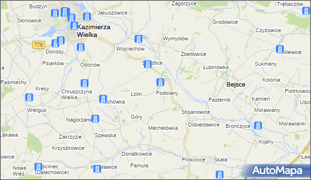 mapa Podolany gmina Kazimierza Wielka, Podolany gmina Kazimierza Wielka na mapie Targeo