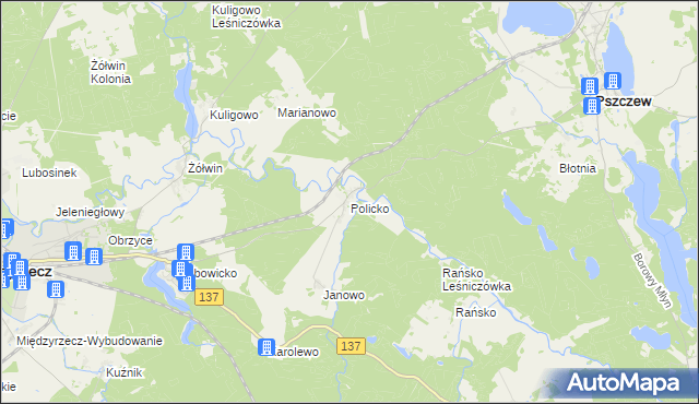 mapa Policko gmina Pszczew, Policko gmina Pszczew na mapie Targeo