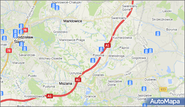 mapa Połomia gmina Mszana, Połomia gmina Mszana na mapie Targeo
