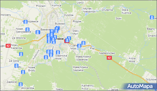mapa Pomyków gmina Końskie, Pomyków gmina Końskie na mapie Targeo