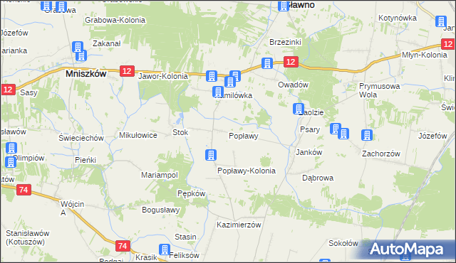 mapa Popławy gmina Sławno, Popławy gmina Sławno na mapie Targeo