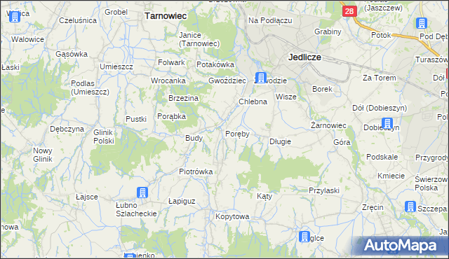 mapa Poręby gmina Jedlicze, Poręby gmina Jedlicze na mapie Targeo