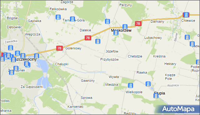 mapa Przybyszów gmina Moskorzew, Przybyszów gmina Moskorzew na mapie Targeo