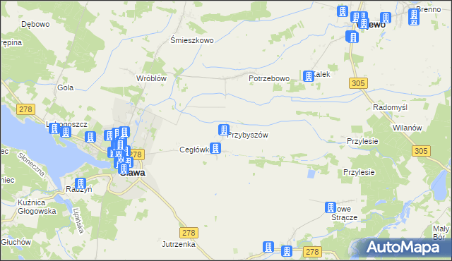 mapa Przybyszów gmina Sława, Przybyszów gmina Sława na mapie Targeo