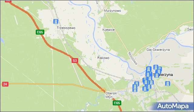 mapa Rakowo gmina Skwierzyna, Rakowo gmina Skwierzyna na mapie Targeo