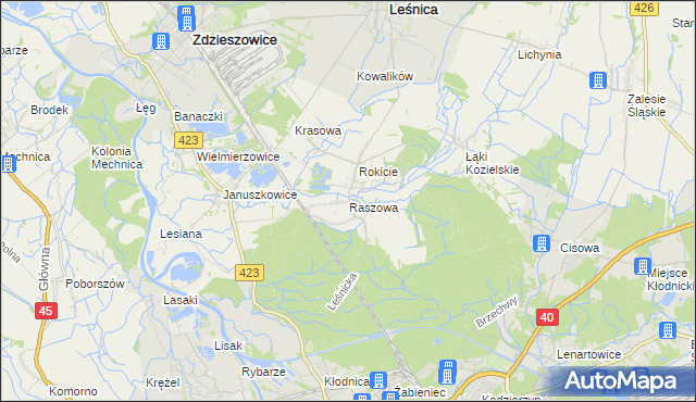 mapa Raszowa gmina Leśnica, Raszowa gmina Leśnica na mapie Targeo