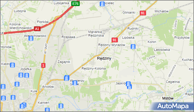 mapa Rędziny powiat częstochowski, Rędziny powiat częstochowski na mapie Targeo