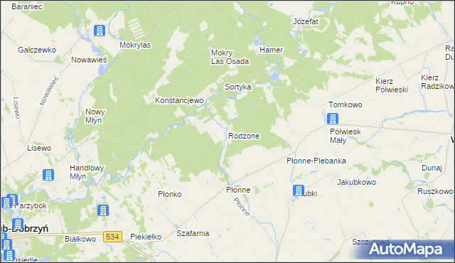 mapa Rodzone gmina Radomin, Rodzone gmina Radomin na mapie Targeo