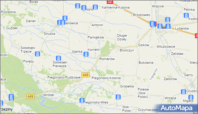 mapa Romanów gmina Błaszki, Romanów gmina Błaszki na mapie Targeo