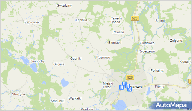 mapa Rożnowo gmina Miłakowo, Rożnowo gmina Miłakowo na mapie Targeo