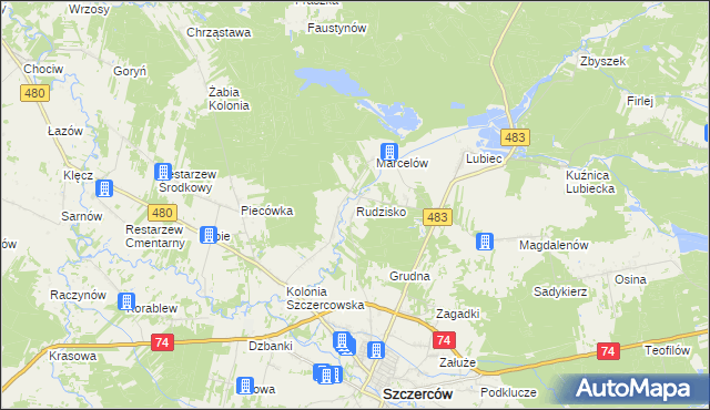 mapa Rudzisko gmina Szczerców, Rudzisko gmina Szczerców na mapie Targeo