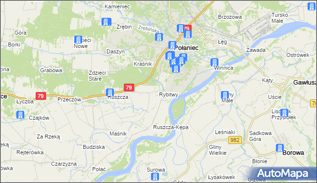 mapa Rybitwy gmina Połaniec, Rybitwy gmina Połaniec na mapie Targeo