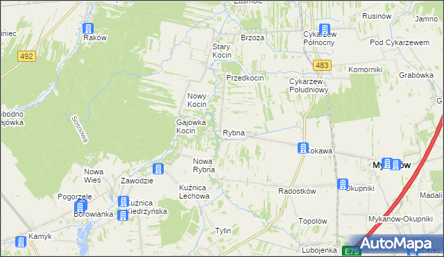 mapa Rybna gmina Mykanów, Rybna gmina Mykanów na mapie Targeo