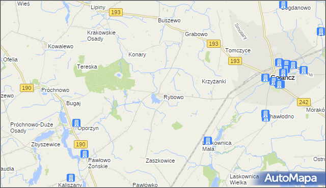mapa Rybowo gmina Gołańcz, Rybowo gmina Gołańcz na mapie Targeo