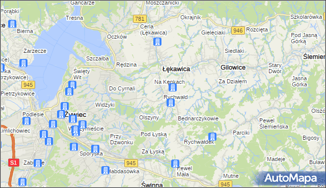 mapa Rychwałd gmina Gilowice, Rychwałd gmina Gilowice na mapie Targeo