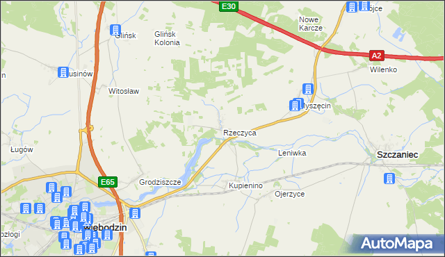 mapa Rzeczyca gmina Świebodzin, Rzeczyca gmina Świebodzin na mapie Targeo