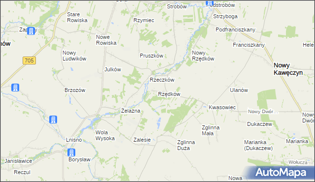 mapa Rzędków gmina Nowy Kawęczyn, Rzędków gmina Nowy Kawęczyn na mapie Targeo