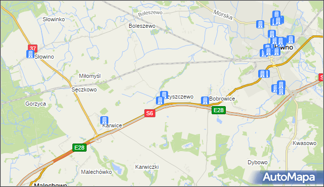 mapa Rzyszczewo gmina Sławno, Rzyszczewo gmina Sławno na mapie Targeo