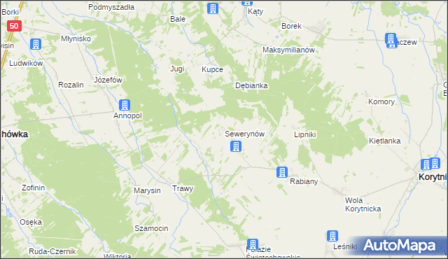 mapa Sewerynów gmina Korytnica, Sewerynów gmina Korytnica na mapie Targeo