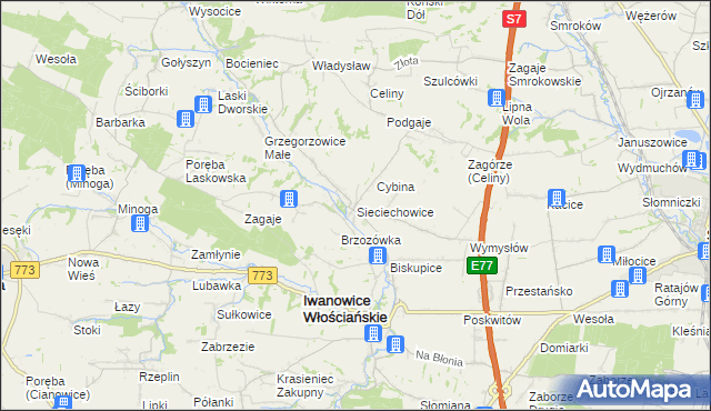 mapa Sieciechowice gmina Iwanowice, Sieciechowice gmina Iwanowice na mapie Targeo