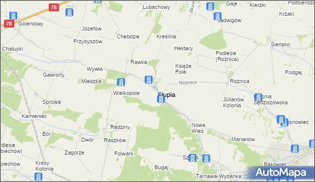 mapa Słupia powiat jędrzejowski, Słupia powiat jędrzejowski na mapie Targeo