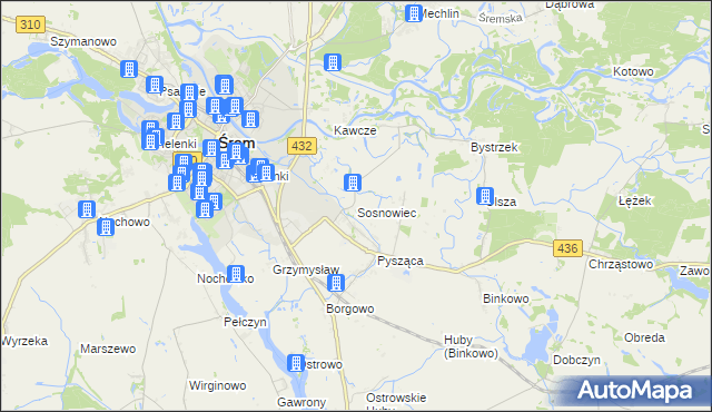 mapa Sosnowiec gmina Śrem, Sosnowiec gmina Śrem na mapie Targeo