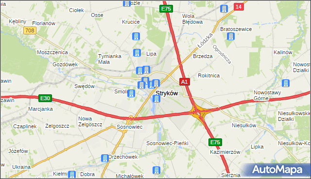 mapa Stryków powiat zgierski, Stryków powiat zgierski na mapie Targeo