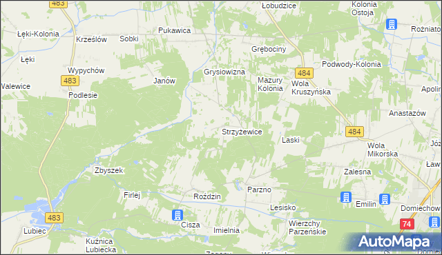 mapa Strzyżewice gmina Kluki, Strzyżewice gmina Kluki na mapie Targeo