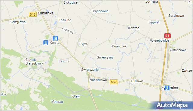 mapa Świerczyny gmina Łysomice, Świerczyny gmina Łysomice na mapie Targeo