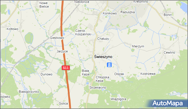 mapa Świeszyno powiat koszaliński, Świeszyno powiat koszaliński na mapie Targeo