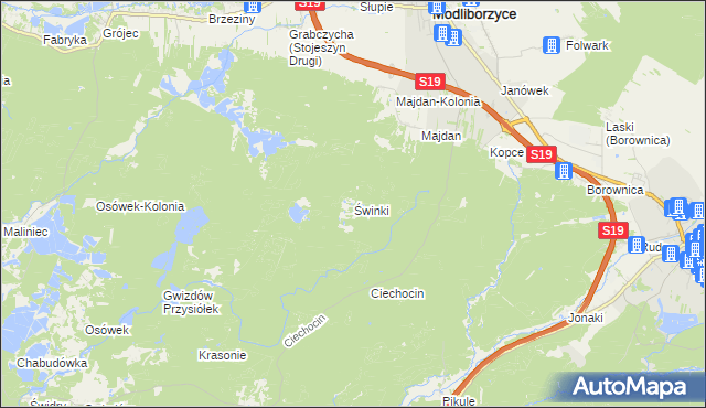 mapa Świnki gmina Modliborzyce, Świnki gmina Modliborzyce na mapie Targeo