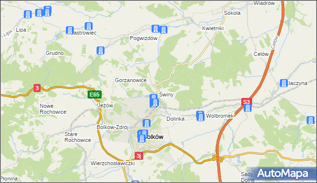 mapa Świny gmina Bolków, Świny gmina Bolków na mapie Targeo