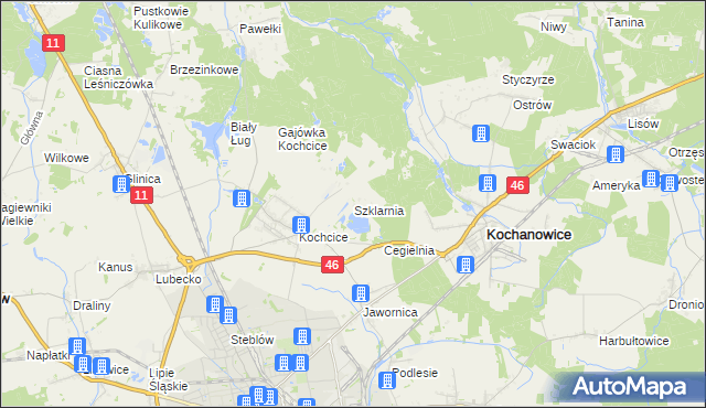 mapa Szklarnia gmina Kochanowice, Szklarnia gmina Kochanowice na mapie Targeo