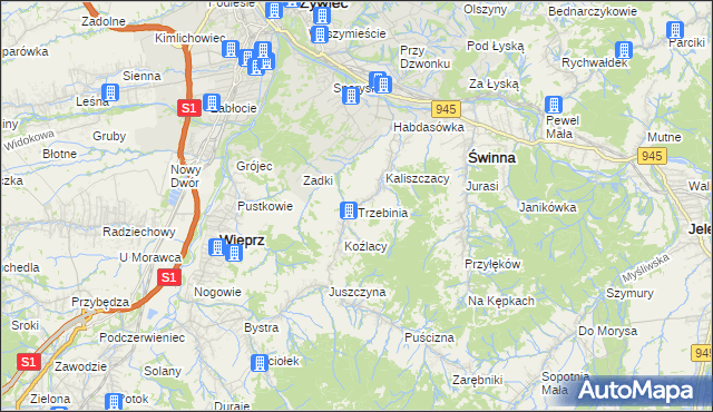 mapa Trzebinia gmina Świnna, Trzebinia gmina Świnna na mapie Targeo