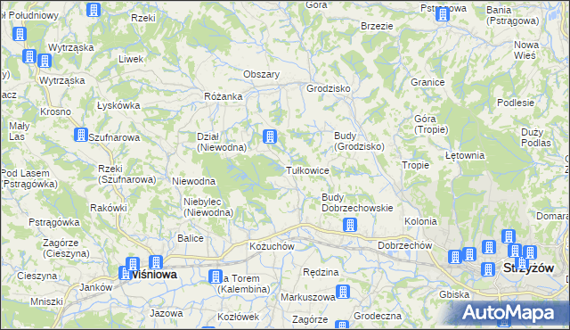 mapa Tułkowice gmina Wiśniowa, Tułkowice gmina Wiśniowa na mapie Targeo