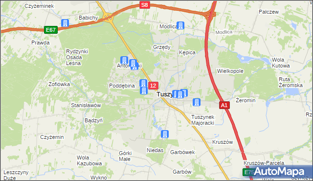 mapa Tuszyn powiat łódzki wschodni, Tuszyn powiat łódzki wschodni na mapie Targeo