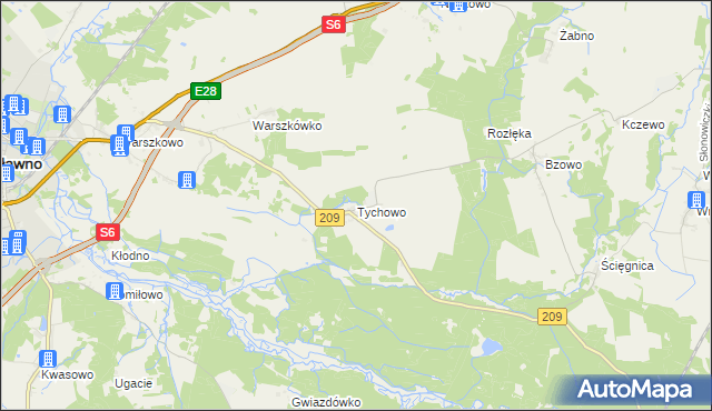 mapa Tychowo gmina Sławno, Tychowo gmina Sławno na mapie Targeo