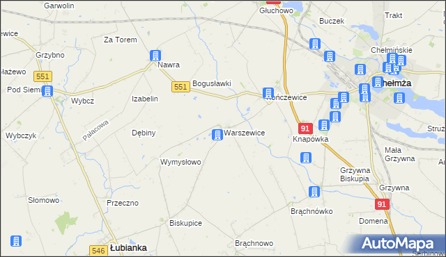 mapa Warszewice gmina Łubianka, Warszewice gmina Łubianka na mapie Targeo