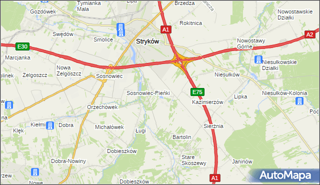 mapa Warszewice gmina Stryków, Warszewice gmina Stryków na mapie Targeo