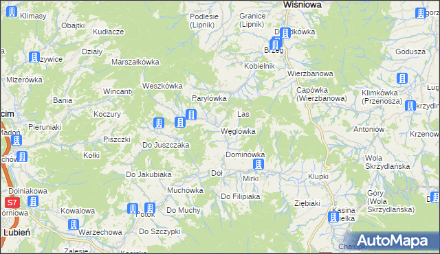 mapa Węglówka gmina Wiśniowa, Węglówka gmina Wiśniowa na mapie Targeo