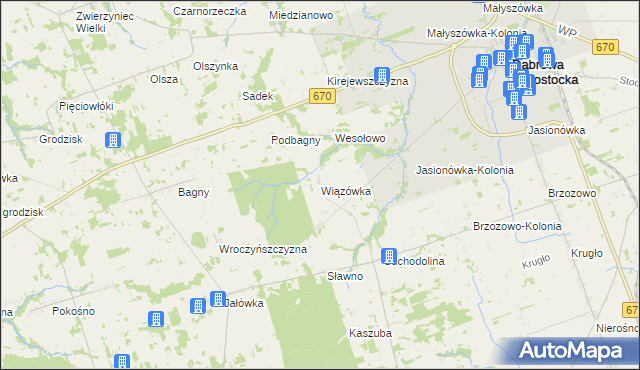 mapa Wiązówka gmina Dąbrowa Białostocka, Wiązówka gmina Dąbrowa Białostocka na mapie Targeo