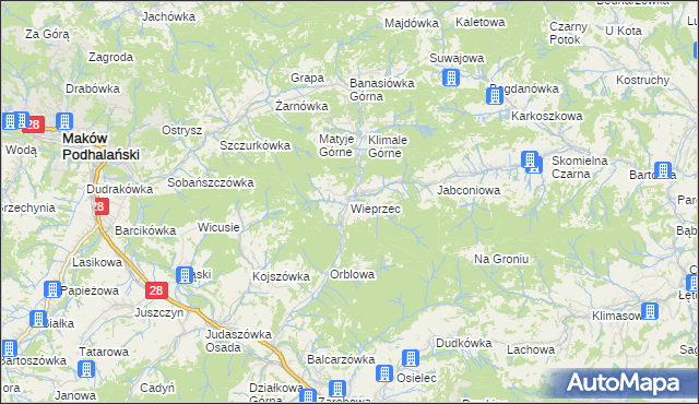mapa Wieprzec gmina Maków Podhalański, Wieprzec gmina Maków Podhalański na mapie Targeo