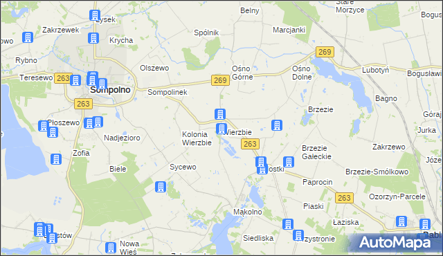 mapa Wierzbie gmina Sompolno, Wierzbie gmina Sompolno na mapie Targeo