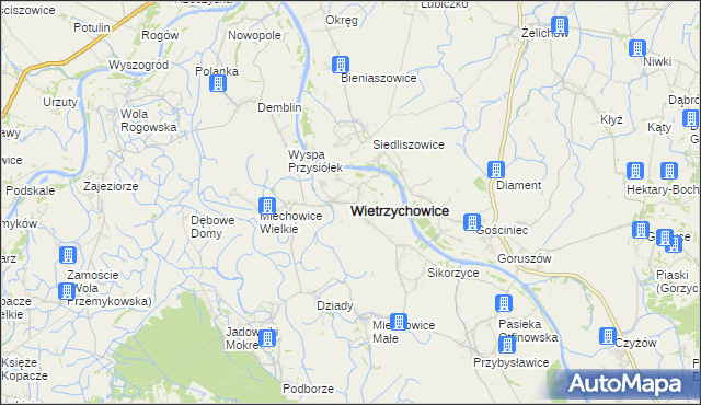 mapa Wietrzychowice powiat tarnowski, Wietrzychowice powiat tarnowski na mapie Targeo