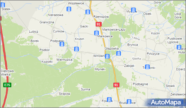 mapa Winowno gmina Koziegłowy, Winowno gmina Koziegłowy na mapie Targeo