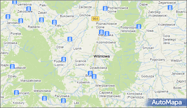 mapa Wiśniowa powiat myślenicki, Wiśniowa powiat myślenicki na mapie Targeo